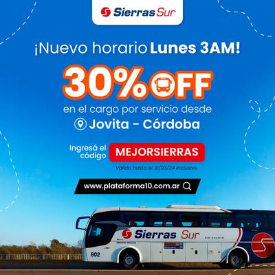 Ofertas de Viajes en Santos Lugares (Buenos Aires) | 30% off Jovita - Córdoba de Plataforma 10 | 7/3/2024 - 31/3/2024