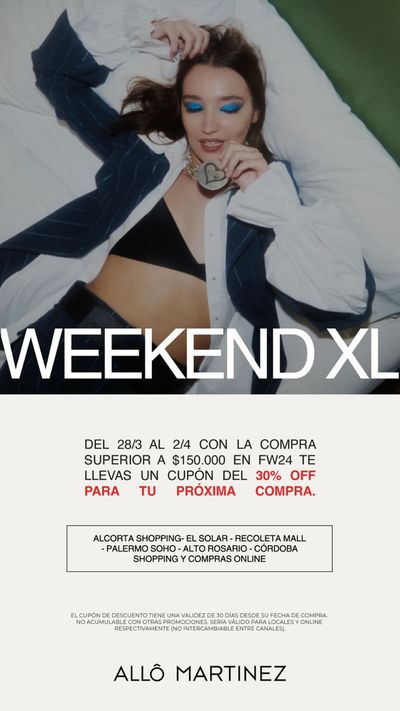 Ofertas de Ropa, Zapatos y Accesorios en Alejandro Korn | Weekend XL 30% off de Allo Martinez | 28/3/2024 - 2/4/2024