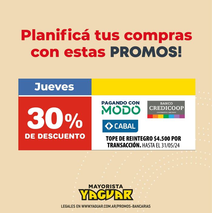 Catálogo Supermercados Yaguar en José C. Paz | 30% de descuento Jueves con Modo | 2/4/2024 - 31/5/2024