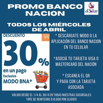 Ofertas de Hiper-Supermercados en Carcarañá | Promo Banco Nacion Miércoles 30% off de El Solar Supermercados | 2/4/2024 - 30/4/2024