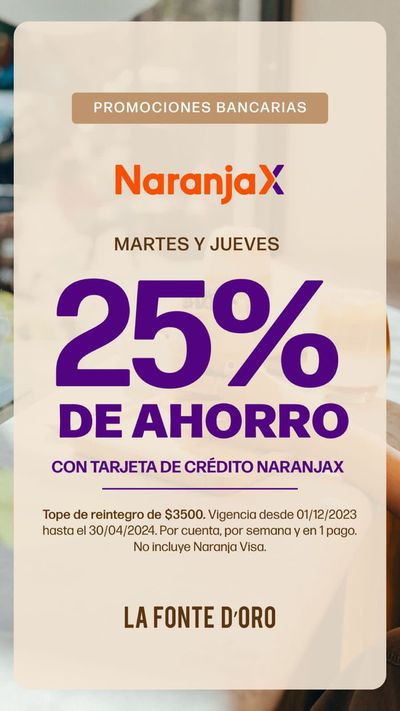 Ofertas de Restaurantes en Rosario | Promociones bancarias La Fonte D'oro de La Fonte D'oro | 5/4/2024 - 30/6/2024