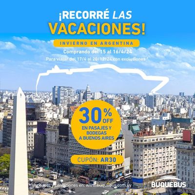 Ofertas de Viajes en El Talar (Buenos Aires) | ¡Recorré las vacaciones! 30% off en pasajes de Buquebus | 15/4/2024 - 16/4/2024