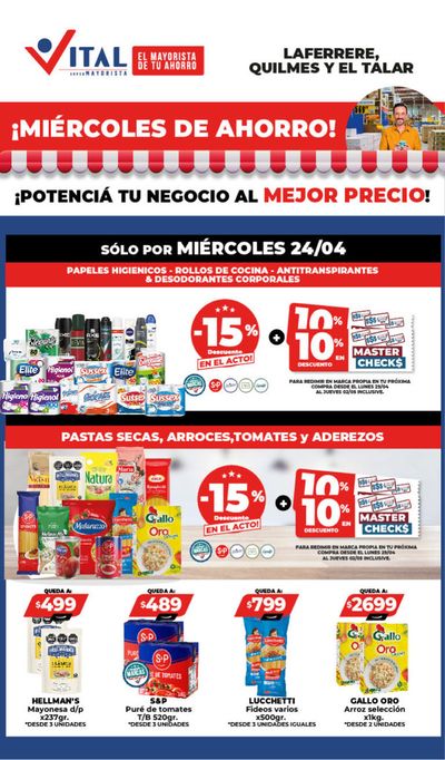 Ofertas de Hiper-Supermercados en Rafael Castillo | ¡Solo por hoy! - Laferrere, Quilmes y Talar de Supermayorista Vital | 24/4/2024 - 24/4/2024