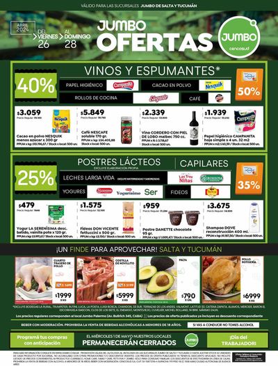 Ofertas de Hiper-Supermercados en Salta | Salta y Tucumán FDS 26 al 28 Abril de Jumbo | 26/4/2024 - 28/4/2024