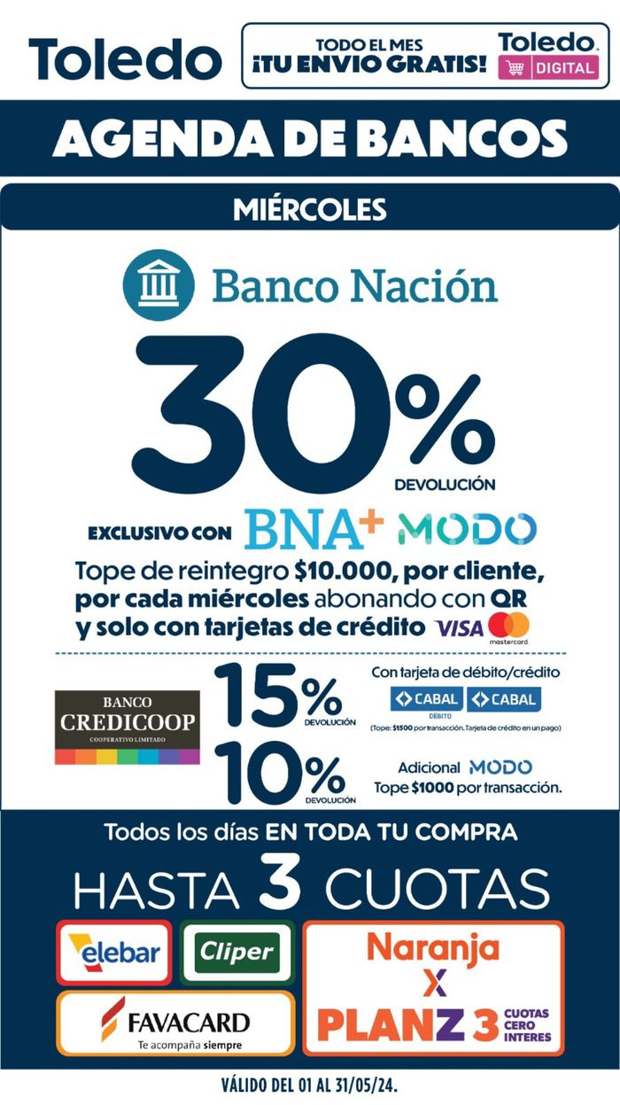Catálogo Supermercados Toledo en Mar del Plata | Promociones bancarias Mayo Super Toledo | 7/5/2024 - 31/5/2024