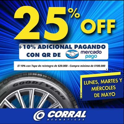 Ofertas de Autos, Motos y Repuestos en San Juan (San Juan) | 25% OFF Lunes, Martes y Miércoles de Mayo de Neumáticos Corral | 15/5/2024 - 31/5/2024
