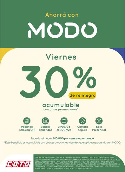 Catálogo Coto en Lomas de Zamora | Afiche Modo 30% de reintegro Viernes | 31/5/2024 - 31/7/2024