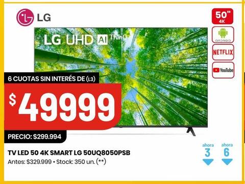 Oferta de TV LED 50 4K SMART LG 50UQ8050PSB por $299994 en HiperChangomas