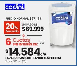Oferta de Codini - Lavarropas 10Kg Blanco 4052 por $69999 en HiperChangomas