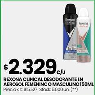 Oferta de Rexona - Clinical Desodorante En Aerosol Femenino O Masculino 150ML por $2329 en Changomas
