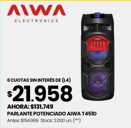 Oferta de Aiwa - Parlante Potenciado T451D por $131749 en Changomas