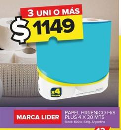 Oferta de Marca Lider - Papel Higiénico H/S Plus 4 X 30 Mts por $1149 en Carrefour Maxi