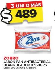 Oferta de Zorro - Jabon Pan Antibacterial Blanqueador X 150grs por $489 en Carrefour Maxi