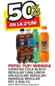 Oferta de Pepsi/ 7Up/ Mirinda - Gaseosa Cola Black/ Regular/ Lima Limon Sin Azucar/ Reglar/ Naranja Regular Pet X 500 Cc en Carrefour Maxi