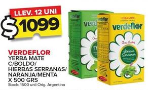 Oferta de Verdeflor - Yerba Mate C/Boldo/ Hierbas Serranas/ Naranja/Menta por $1099 en Carrefour Maxi