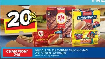 Oferta de Champion/214 - Medallon De Carne/ Salchichas Vs Presentaciones en Carrefour Maxi