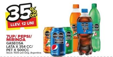 Oferta de 7UP/Pepsi/Mirinda - Gaseosa Lata X 354 CC/Pet X 500CC en Carrefour Maxi