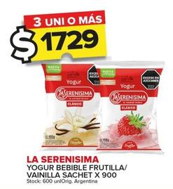 Oferta de La Serenísima - Yogur Bebible Frutilla/Vainilla Sachet X 900 por $1729 en Carrefour Maxi