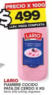 Oferta de Lario - Fiambre Cocido Pata De Cerdo por $499 en Carrefour Maxi